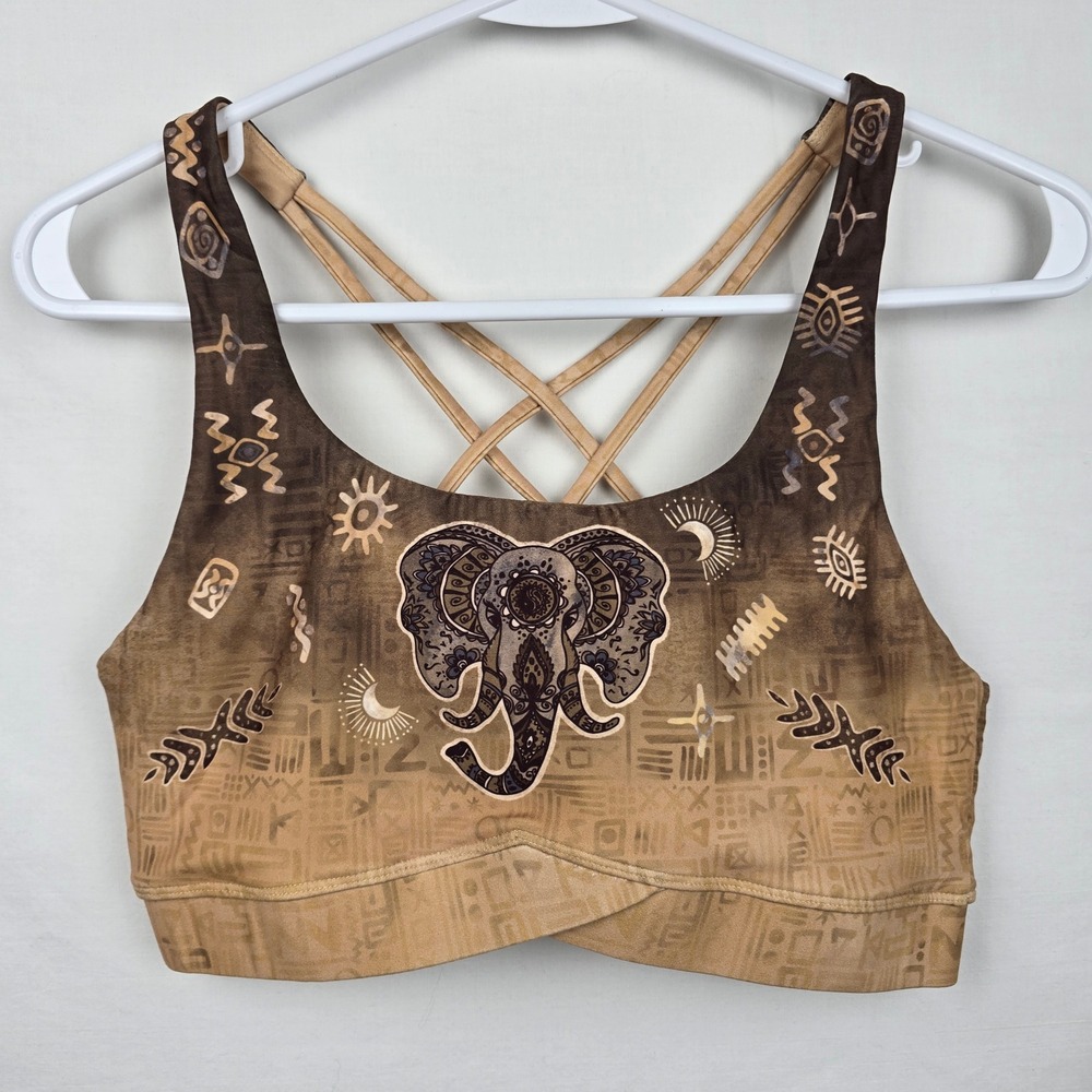 Silverwind Elephant Moon Graphic Strappy Sports Bra Brown Tan Recycled Size M